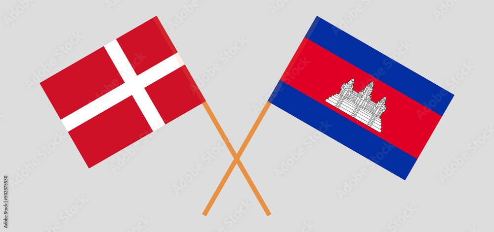 Crossed flags of Denmark and Cambodia. Official colors. Correct proportion
