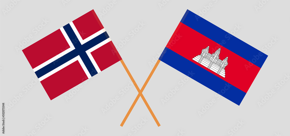 Crossed flags of Norway and Cambodia. Official colors. Correct proportion