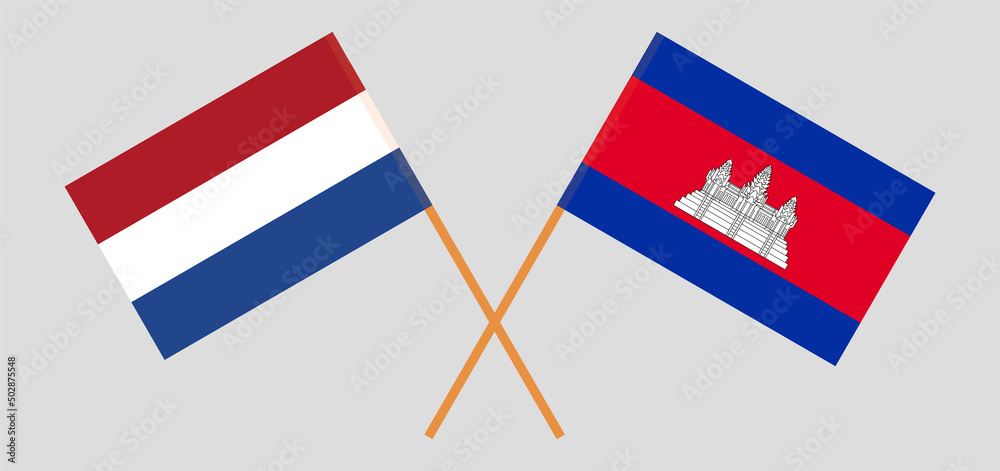 Crossed flags of the Netherlands and Cambodia. Official colors. Correct proportion
