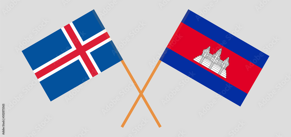 Crossed flags of Iceland and Cambodia. Official colors. Correct proportion