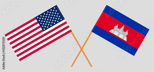 Crossed flags of the USA and Cambodia. Official colors. Correct proportion