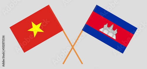 Crossed flags of Vietnam and Cambodia. Official colors. Correct proportion