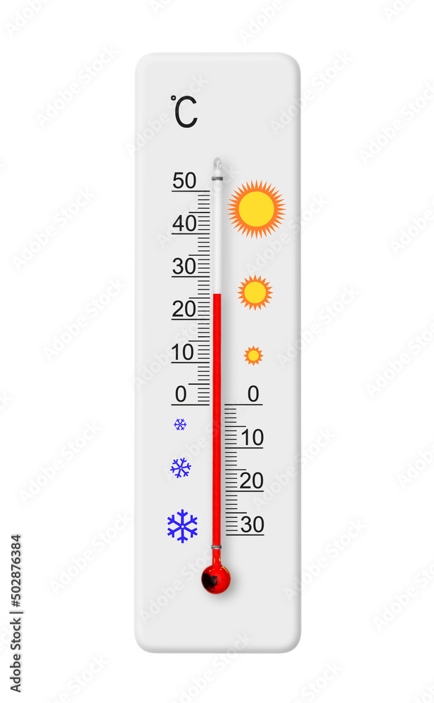 Celsius scale thermometer isolated on white background. Ambient temperature plus 26 degrees Celsius scale thermometer isolated on white background. Ambient temperature plus 26 degrees
