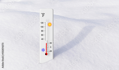 White fahrenheit scale thermometer in the snow. Ambient temperature plus 20 degrees