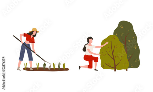 Woman Farmer in Straw Hat Near Green Bush and Cultivating Soil with Rake Vector Illustration Set
