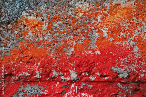 shabby graffiti paint on the concrete wall, colored orange and red spray on the wall, retro old graffiti wall
