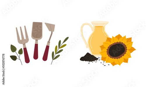 Sunflower with Oil in Jug and Garden Tool as Seasonal Harvesting and Yield Vector Set