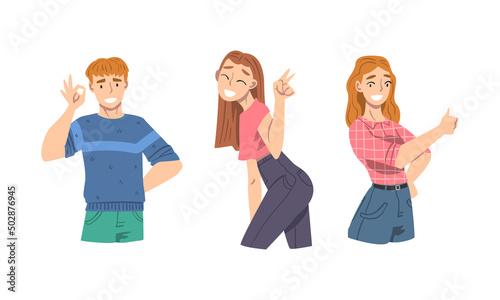 Elated Male and Female Showing V Sign and Thumb Up as Approval or Agreement Gesture Vector Set