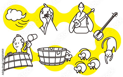 It is a vector illustration of the Japanese proverb that "a bucket maker prospers when the wind blows". This means that any event can have unexpected effects.