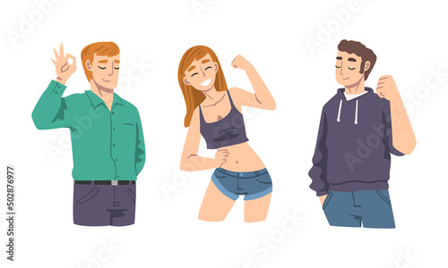 Elated Male and Female Showing Ok Sign and Fist as Approval or Agreement Gesture Vector Set