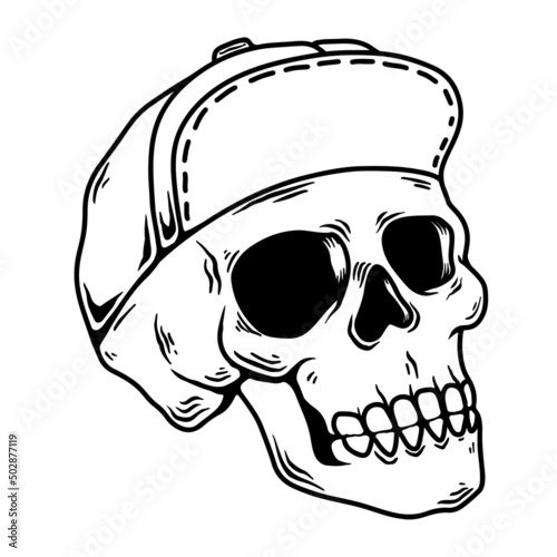 Illustration of a skull in skateboarder cap. Design element for poster, card, banner, sign. Vector illustration