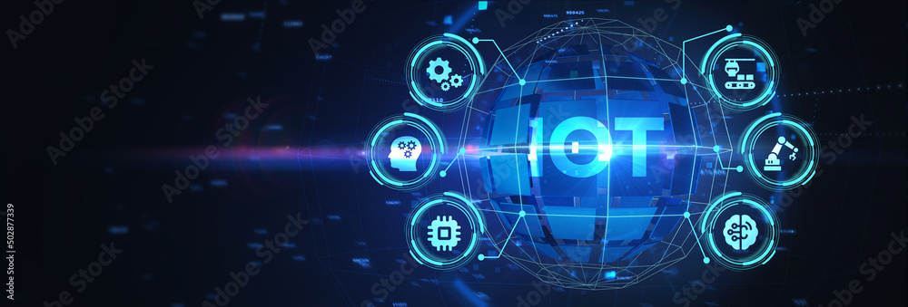 Fototapeta premium Internet of things - IOT concept. Businessman offer IOT products and solutions. 3d illustration