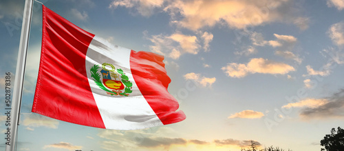 Peru national flag cloth fabric waving on the sky - Image photo