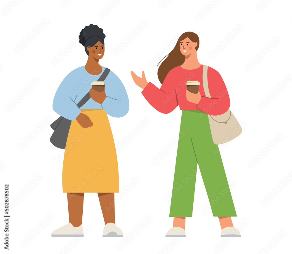 Happy friends are walking around with coffee and talking. African American woman is seeing a friend. Concept of friendship, teamwork. Flat vector illustration on white background. Happy friends are walking around with coffee and talking. African American woman is seeing a friend. Concept of friendship, teamwork. Flat vector illustration on white background.