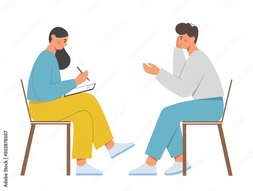 Woman psychologist conducts a session with a client. She takes notes and listens to the patient. Psychotherapeutic consultation. Mental health and wellness concept. Flat vector illustration. Woman psychologist conducts a session with a client. She takes notes and listens to the patient. Psychotherapeutic consultation. Mental health and wellness concept. Flat vector illustration.