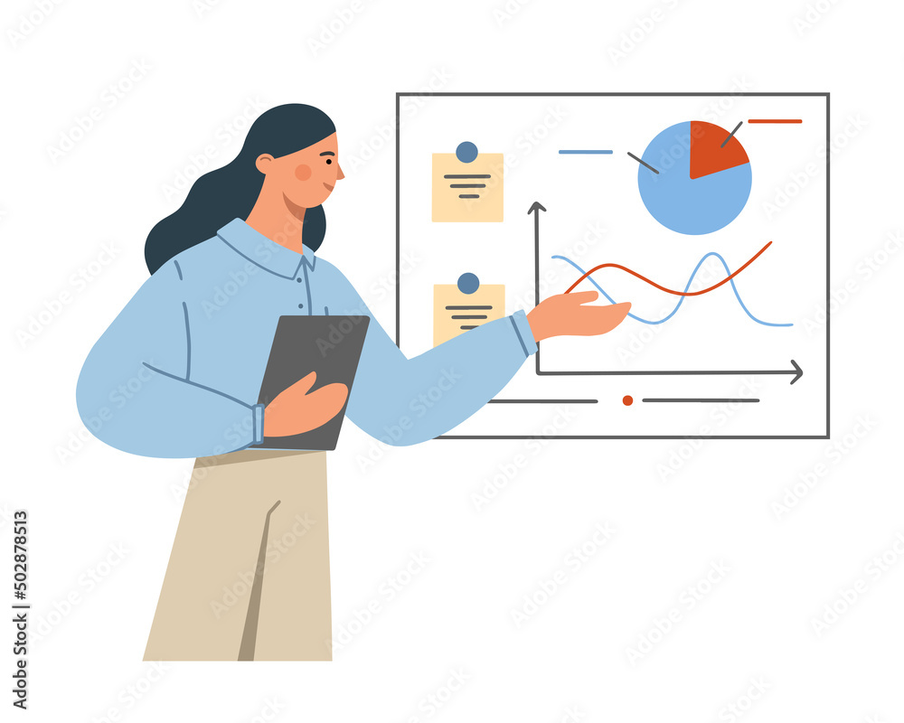 An office worker speaks at a business meeting and shows a presentation on the board. Concept of business projects. Flat vector illustration on white background. An office worker speaks at a business meeting and shows a presentation on the board. Concept of business projects. Flat vector illustration on white background.