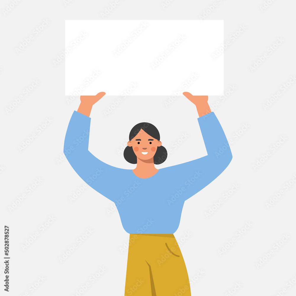 Young girl holding a white blank board, poster, banner. Business presentation, sale offer or advertising concept. Flat vector illustration. Young girl holding a white blank board, poster, banner. Business presentation, sale offer or advertising concept. Flat vector illustration.