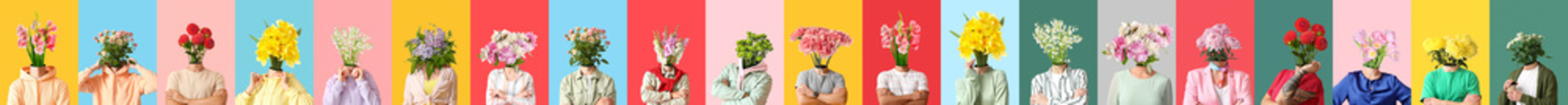 Set of people with flowers instead of their heads on colorful background