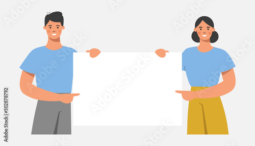 Couple holding a white blank board, poster, banner. Business presentation, sale offer or advertising concept. Flat vector illustration.