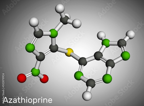 Azathioprine, AZA molecule. It is mmunosuppressive agent, medication. Molecular model photo