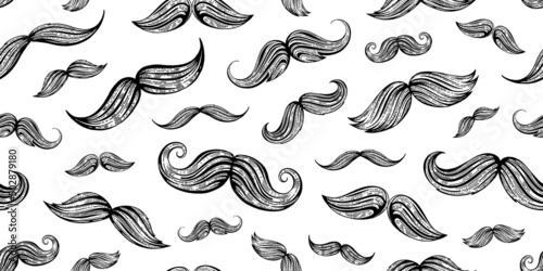 Vintage moustaches seamless hand drawn pattern. Retro classic french, british face style texture background. Line sketch, hipster element. Wallpaper, wrapping paper, fabric print vector illustration