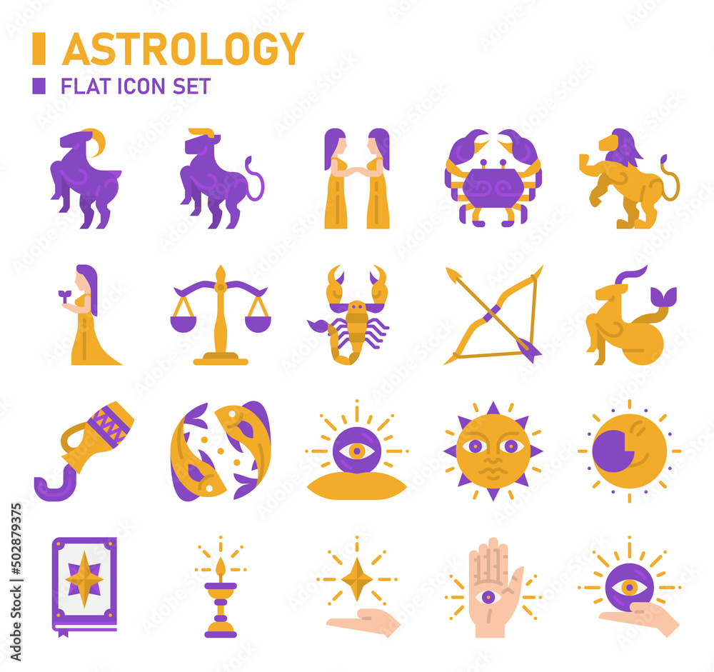 Fototapeta premium Astrology flat icon set. Zodiac icon set.
