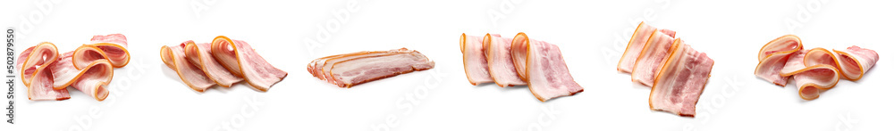 Slices of bacon slices on white background Slices of bacon slices on white background