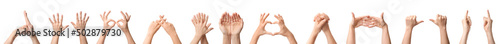 Set of hands showing different letters and gestures on white background photo