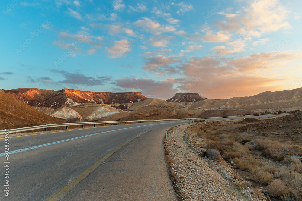 beautiful road at sunset in Negev desert