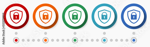 Shield, security concept vector icon set, infographic template, flat design circle colorful web buttons in 5 color options