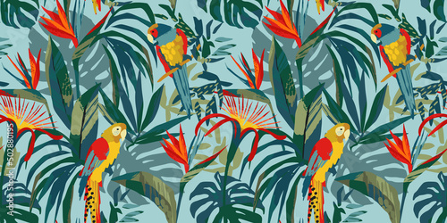 Abstract art seamless pattern with parrots and tropical plants. Modern exotic design