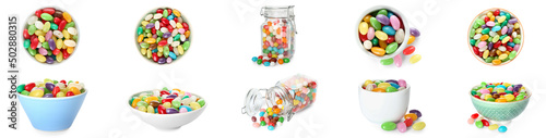 Set of colorful jelly beans on white background photo