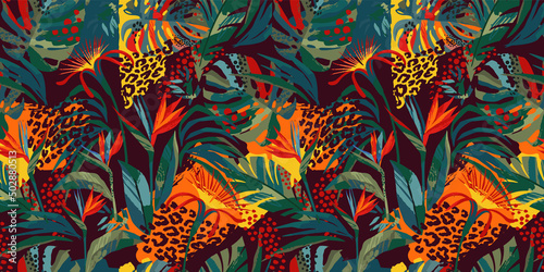 Abstract art seamless pattern with tropical leaves and flowers. Modern exotic design