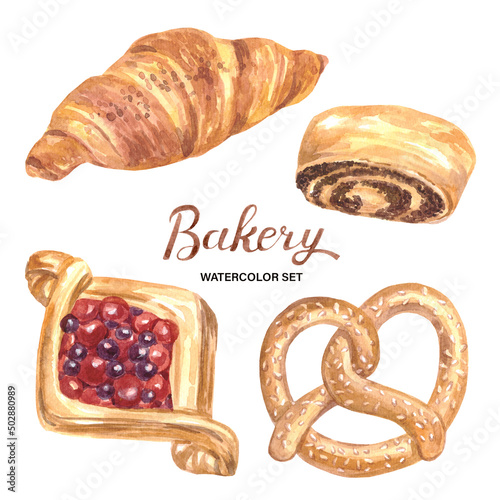 Watercolor bakery set. Colored croissant, bagel, poppy seed bun, denish with berries. photo
