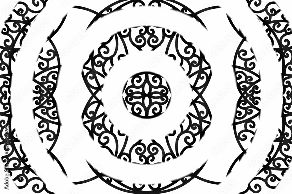 Fototapeta premium seamless luxurious Black and white caleidoscope gradient flower and leaf line art pattern of indonesian culture traditional tenun batik ethnic dayak ornament for wallpaper ads background 