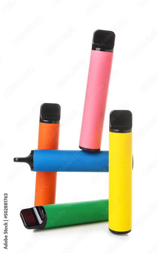 Different disposable electronic cigarettes on white background Different disposable electronic cigarettes on white background