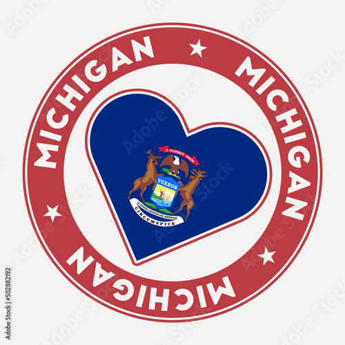 Michigan heart flag badge. From Michigan with love logo. Support the US state flag stamp. Vector illustration.