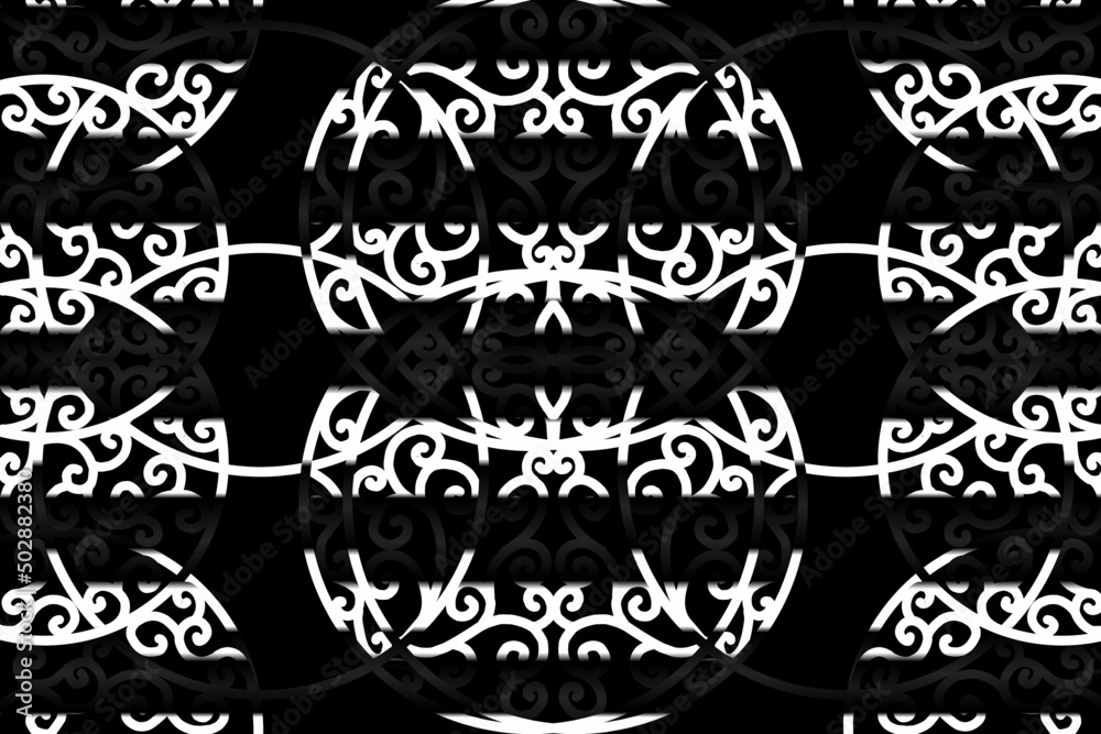 seamless luxurious Black and white caleidoscope gradient flower and leaf line art pattern of indonesian culture traditional tenun batik ethnic dayak ornament for wallpaper ads background 