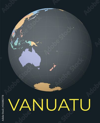 World map centered to Vanuatu. Red country highlighted. Satellite world view centered to country with name. Vector Illustration.