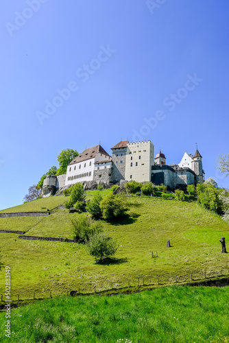 Lenzburg, Schloss, Höhenburg, Schlosshügel, Turm, Stadt, Aargau, Aussichtspunkt, Altstadt, Wanderweg, Wald, Felder, Landwirtschaft, Frühling, Schweiz