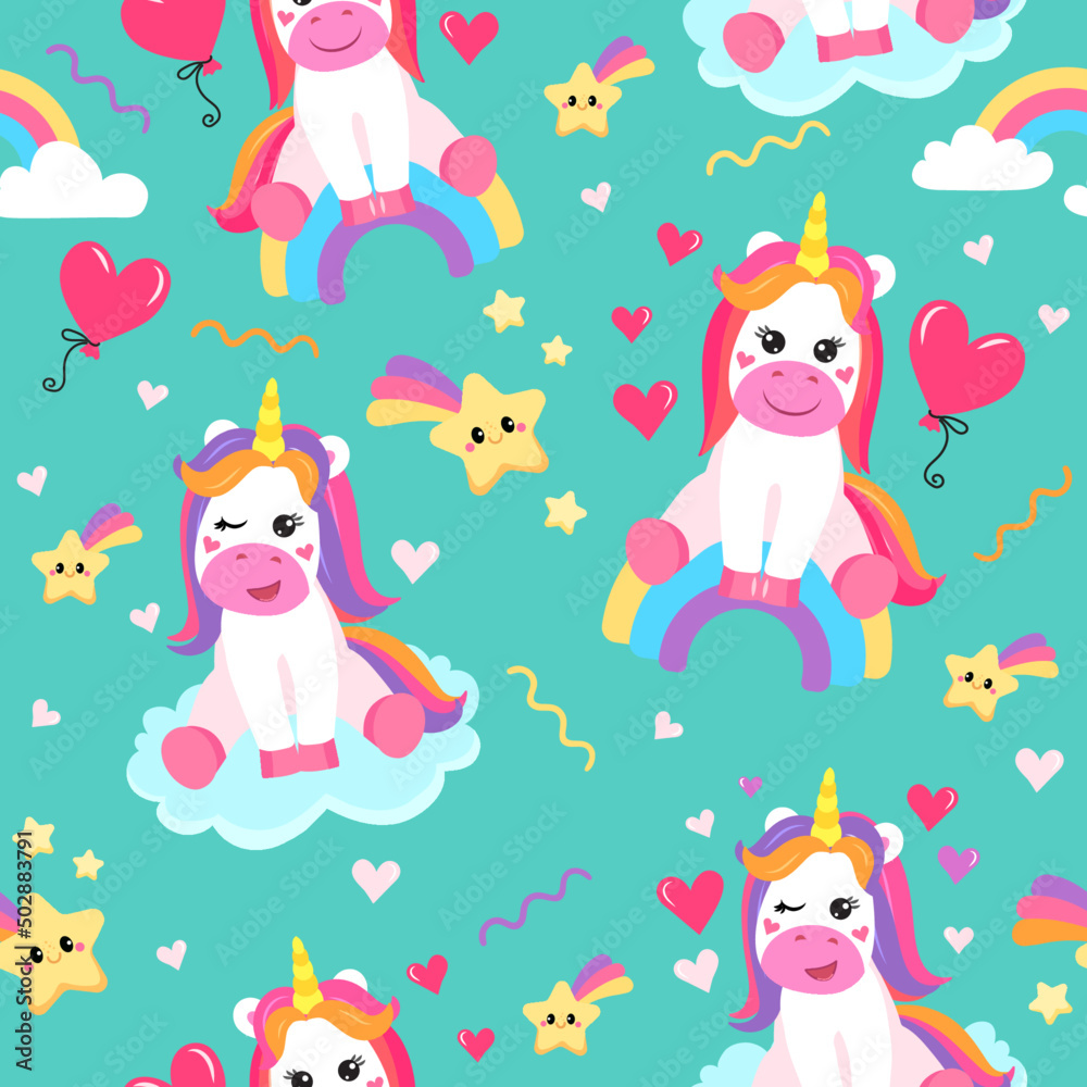 Fototapeta premium colorful seamless patterns with unicorns in cartoon style for kids. vector illustration