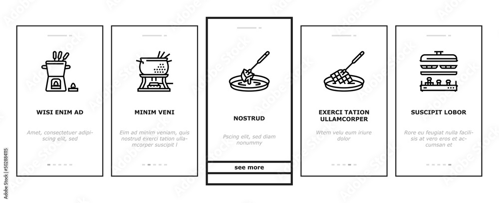 Fondue Cooking Delicious Meal Onboarding Mobile App Page Screen Vector. Cheese And Chocolate Tasty Dish Prepared In Warmer Kitchen Appliance Electronic Equipment. Preparing Raclette Food Illustrations