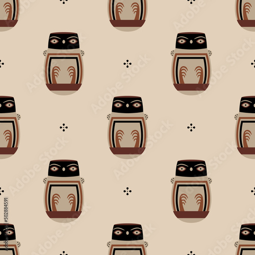 Seamless ethnic animal pattern with stylized owl birds. Ancient Peruvian animal design. Native American art. Nazca pottery. On light background.