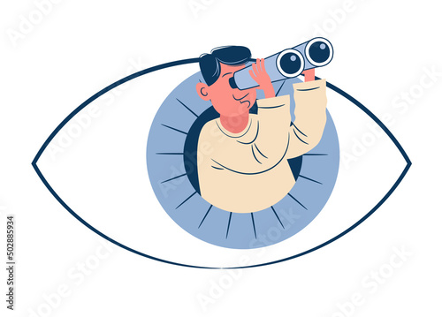 Big human eye and a man with binoculars. Business goal search concept. The eyes look ahead. Strategy Vision of the future.