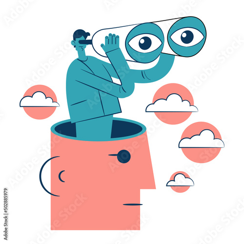 Large human head and a man with binoculars surrounded by clouds. Business goal search concept.The eyes look ahead. Strategy Vision of the future.