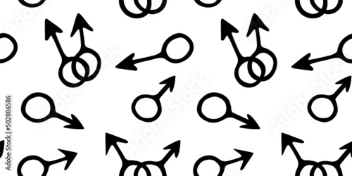 Vector seamless pattern of symbols of mars, male gender icons in doodle style. Man love combinations. Texture of theme of LGBTQ, gay love, pride, homosexual
