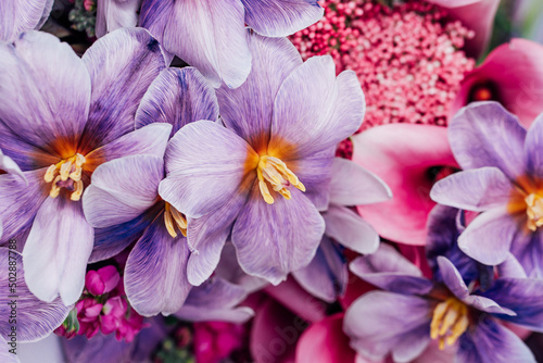 pink violet Autumn Colorful fall bouquet. Beautiful flower composition with tulip. Flower shop and florist design concept. close up  floral background