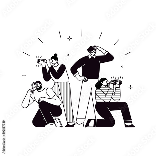 The concept of searching for opportunities, solutions, new business ideas. People looking to the future, choosing the direction of development. The characters is searching, looking around.