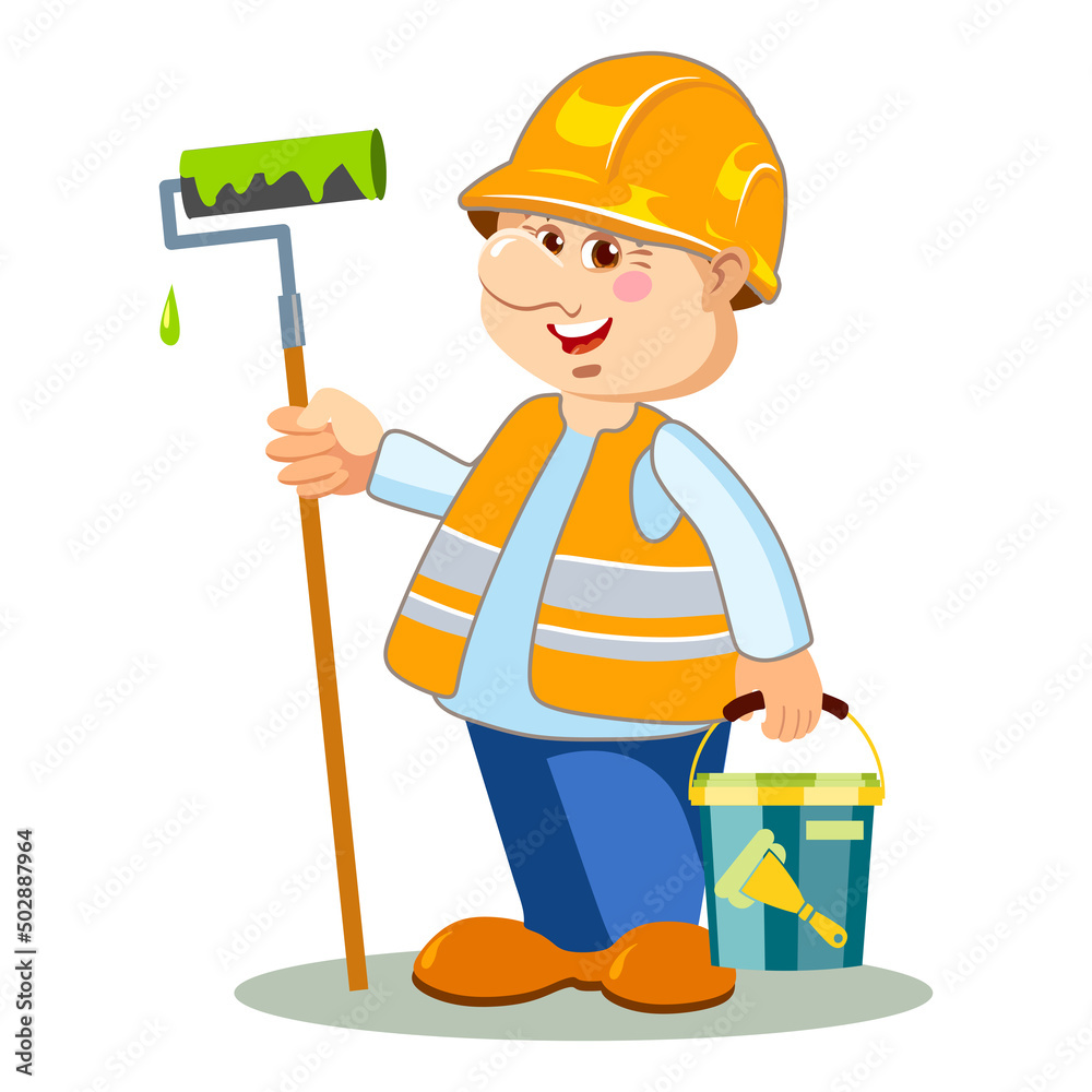Painter in a construction helmet with a bucket of paint and a roller for painting walls. Cartoon vector illustration Painter in a construction helmet with a bucket of paint and a roller for painting walls. Cartoon vector illustration