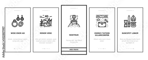 Treasure Golden Jewels In Chest Onboarding Mobile App Page Screen Vector. Pirate Gold And Skull, Gemstone And Jewelry Accessories, Leprechaun And Compass Equipment For Searching Treasure Illustrations